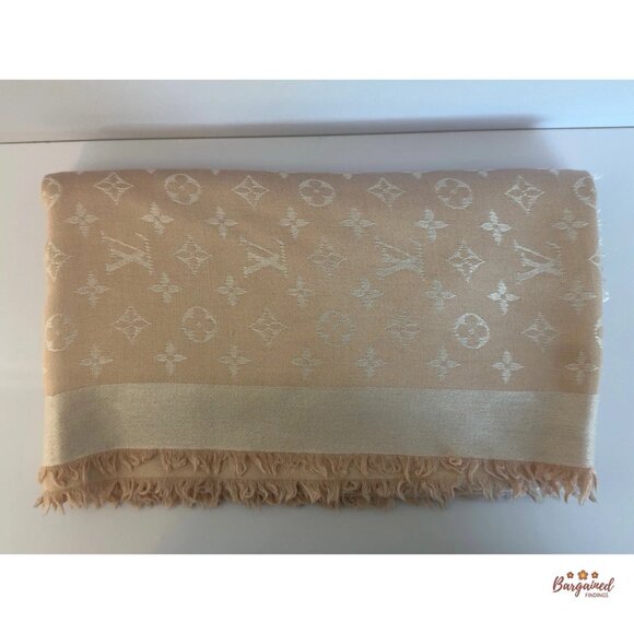 Authentic Louis Vuitton Pink/Beige Silk Wool Monogram Shawl Scarf 55x55 - M72046 - Picture 4 of 8